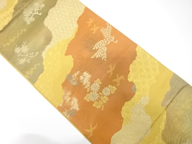 JAPANESE KIMONO / ANTIQUE FUKURO OBI / SILK / WOVEN MICHINAGADORI & LEAVES